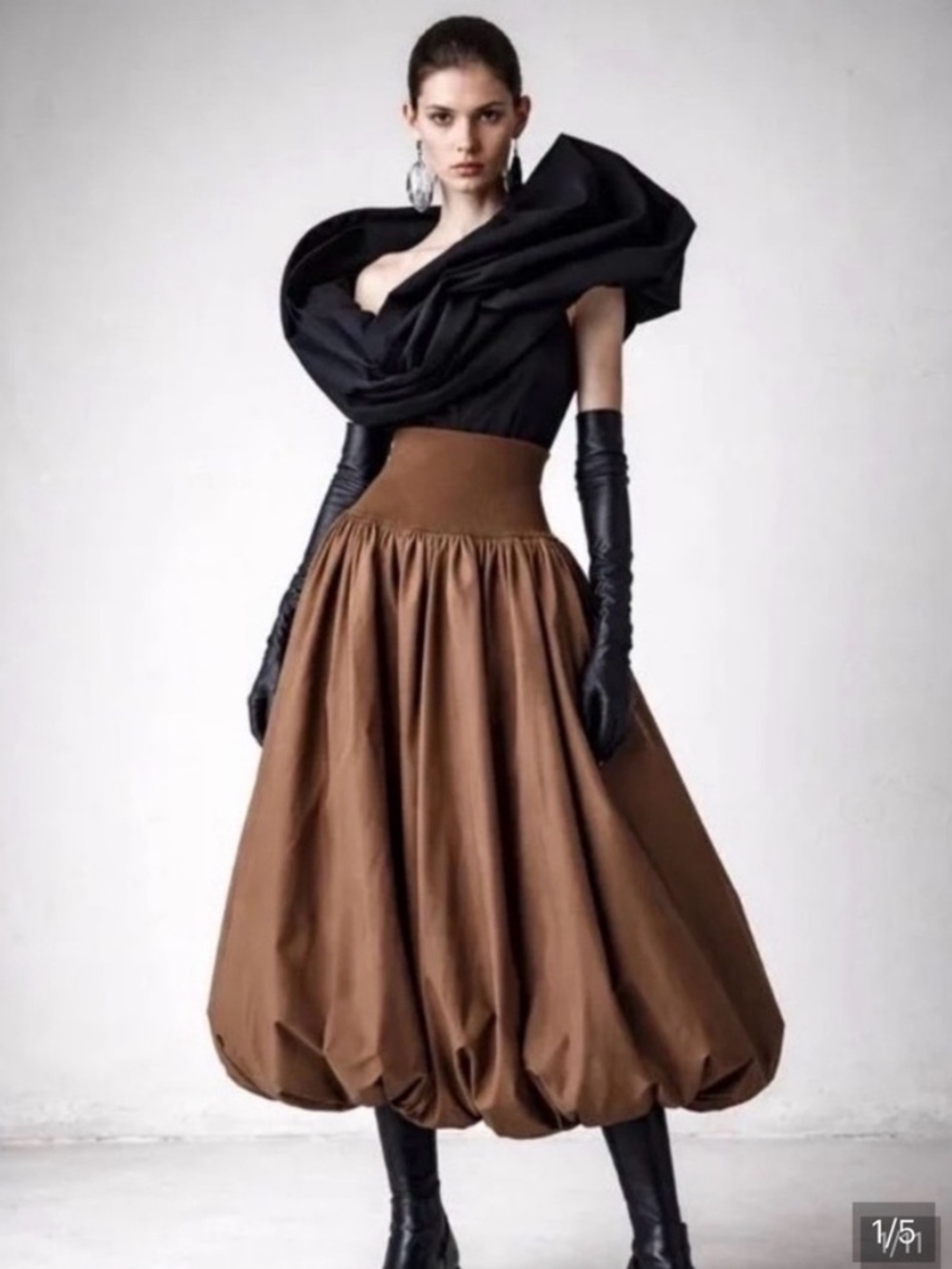 Emerson Lang Bubble Hem Maxi Skirt Size XL Chocolate Brown Stretch Full Long